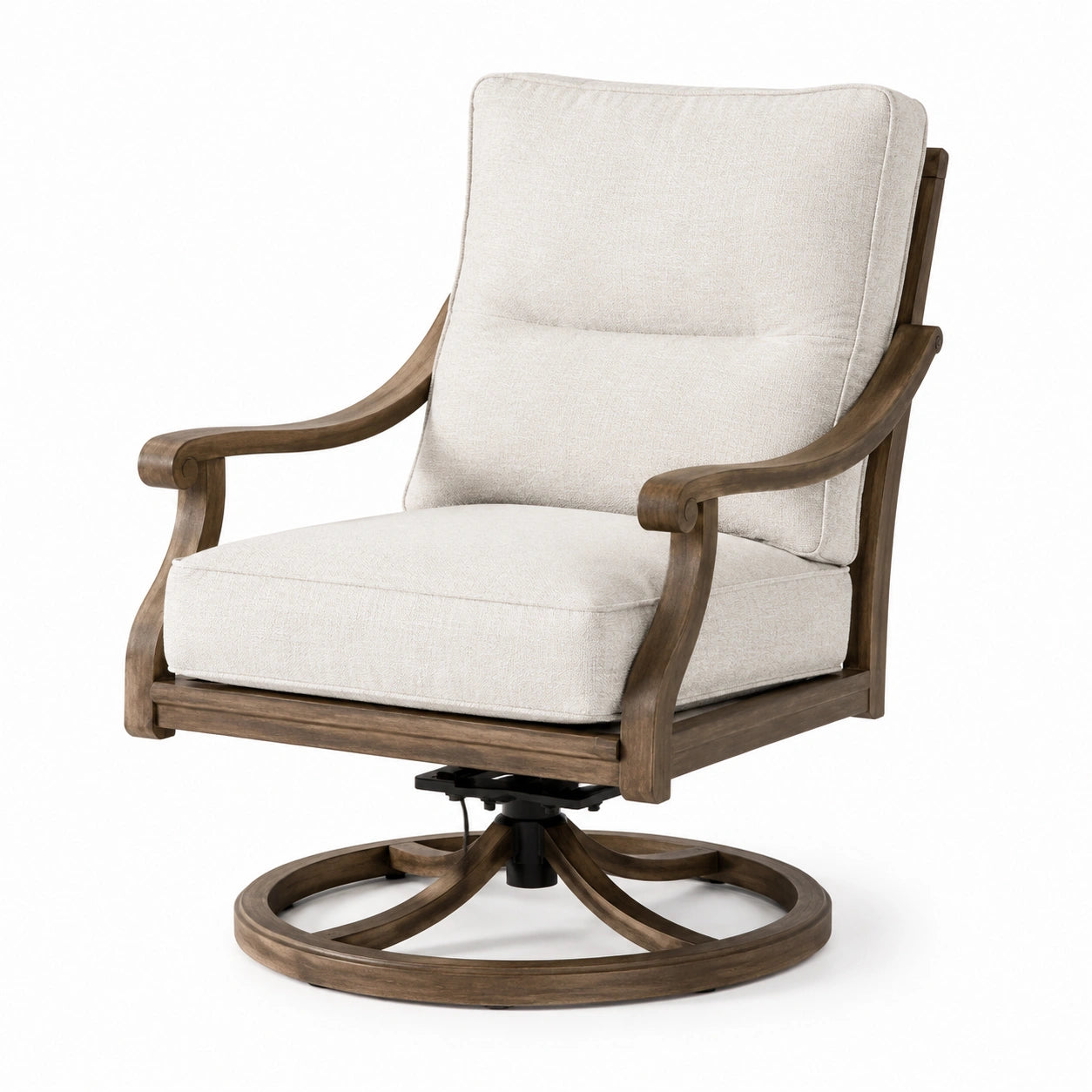 Sillón giratorio de madera y lino beige
