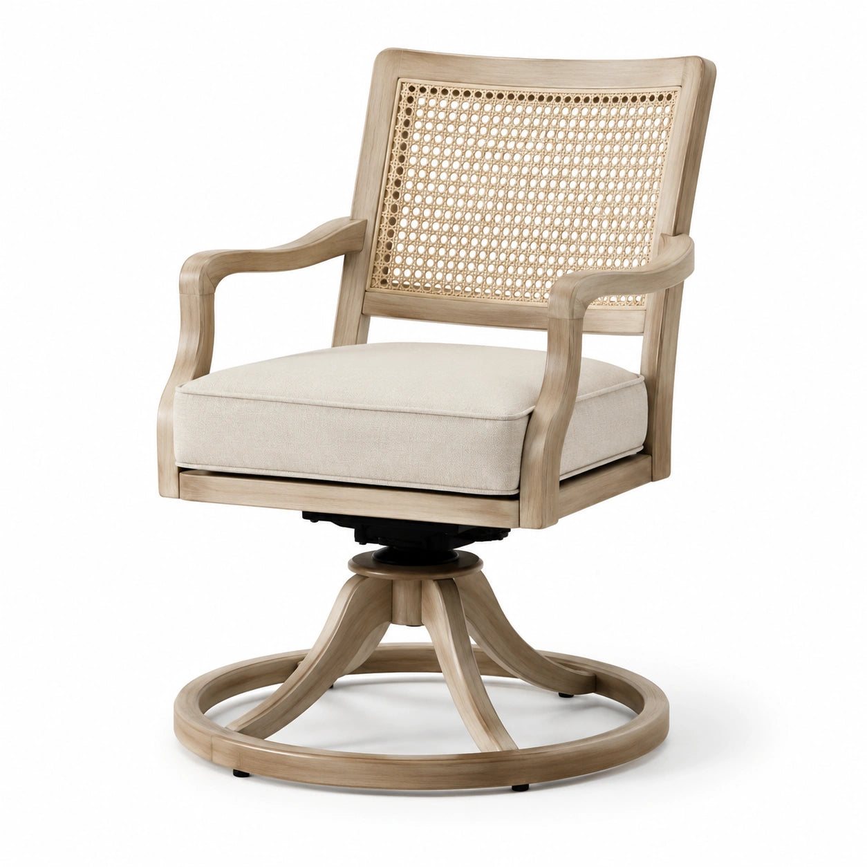 Sillón giratorio de madera y ratán con cojín beige