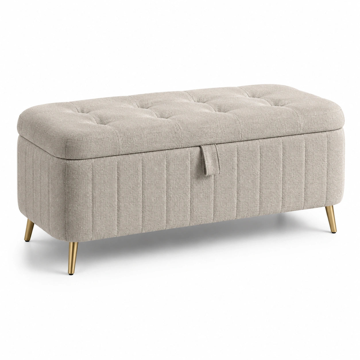 Banco de almacenamiento de lino beige con patas de metal doradas 120 cm