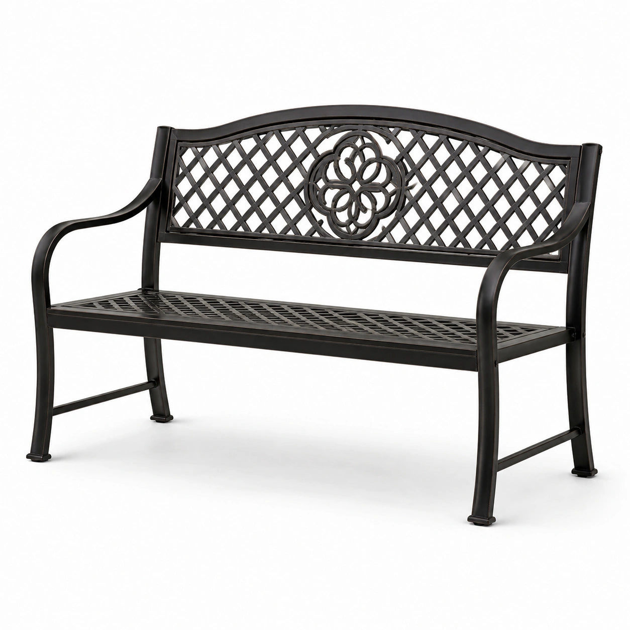 Banco de jardín de hierro fundido negro con diseño decorativo