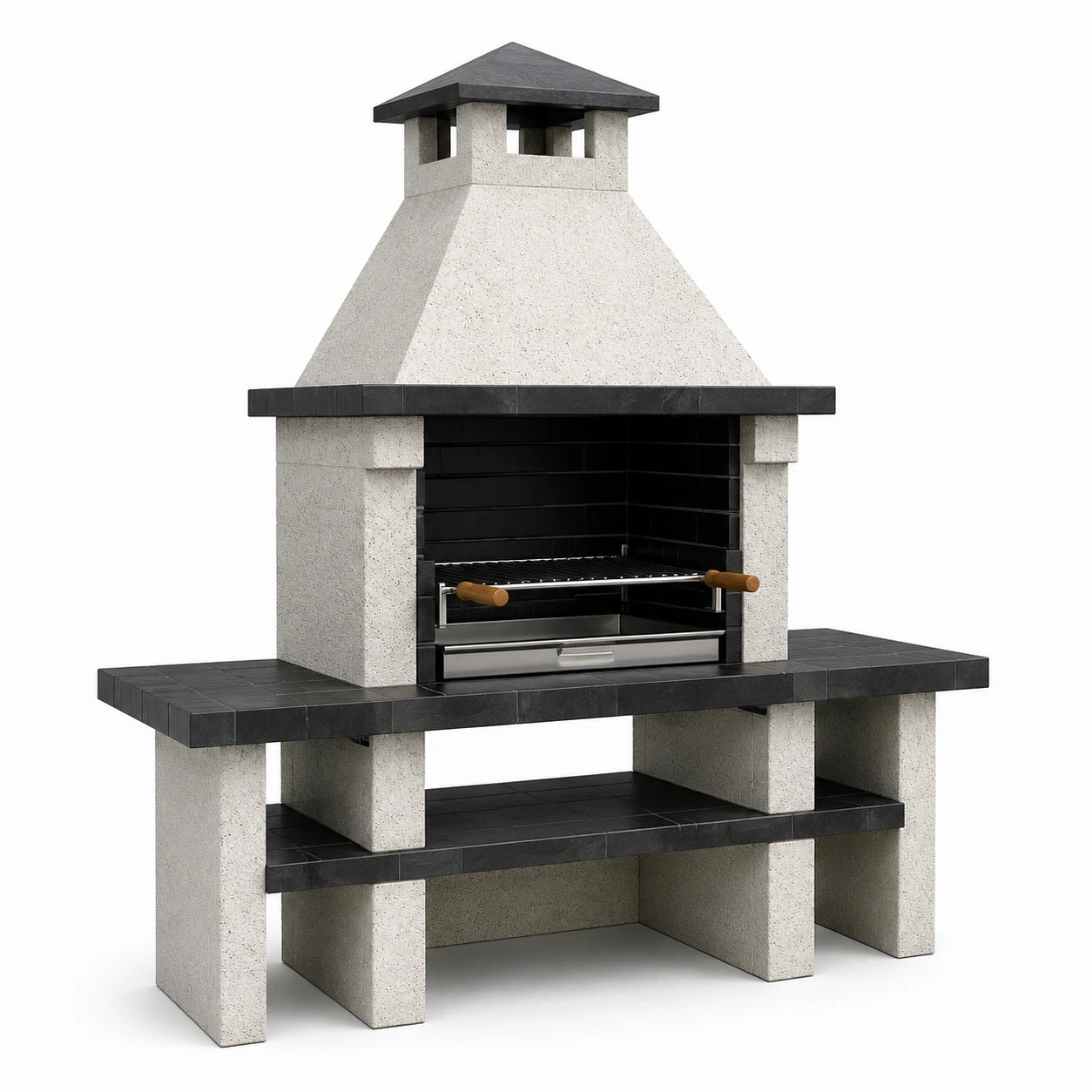 Barbacoa de hormigón y ladrillos con parrilla de acero inoxidable, gris y negro