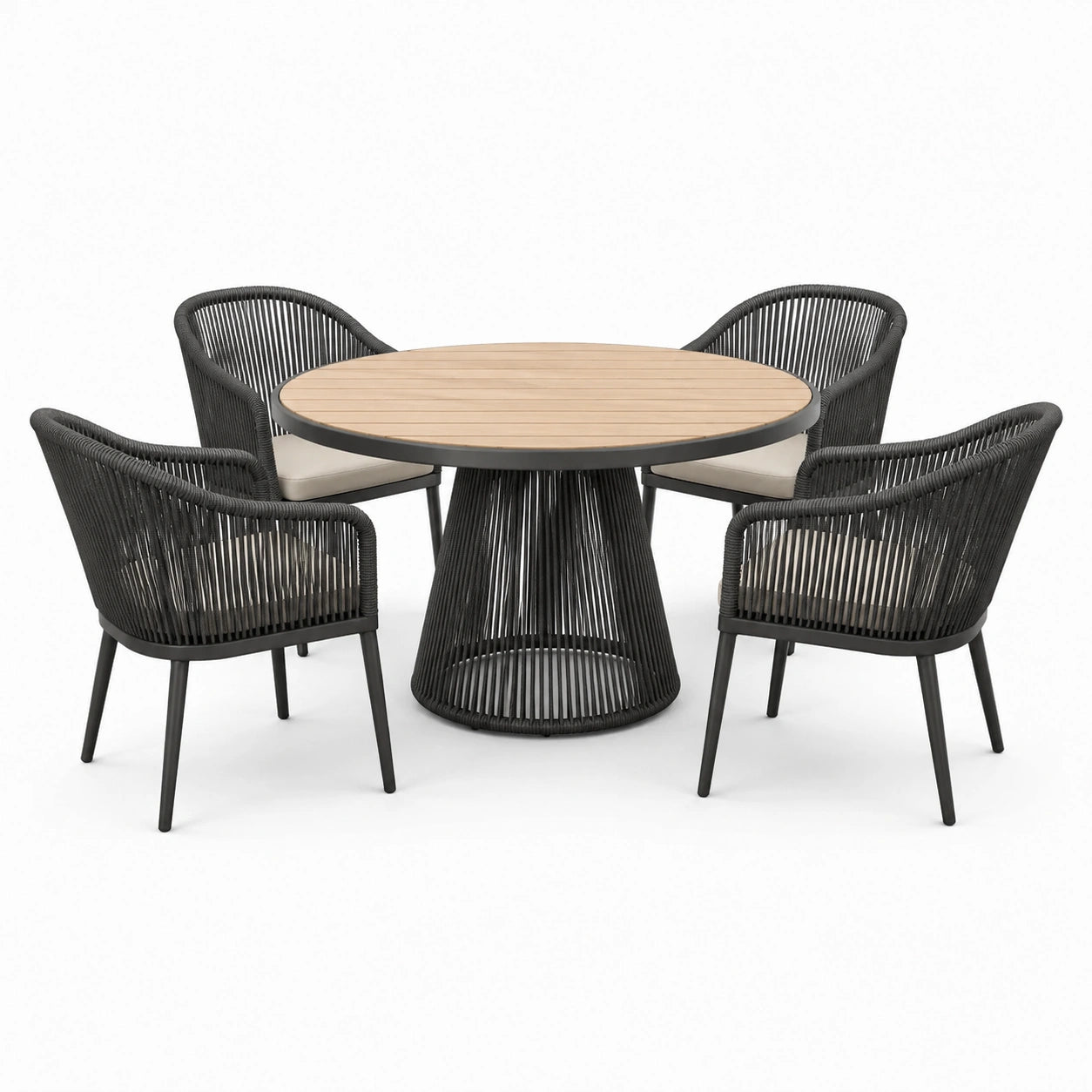 Conjunto de comedor exterior con mesa de teca y sillas de cuerda