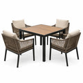 Conjunto de comedor de jardín con mesa de madera y 4 sillas de metal y cuerda